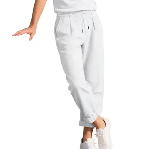 Detail showing breathable linen fabric texture on men's white casual straight-leg pants.