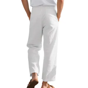 Back view detail of men's loose white linen-textured straight leg breathable trousers