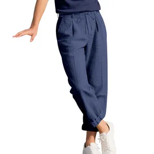 Detailed view of breathable men's loose linen straight-leg casual pants in navy blue