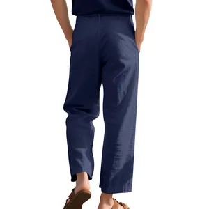 Back view of men's breathable navy blue linen casual trousers showing loose fit