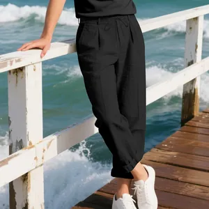 Breathable men's black linen loose casual straight-leg pants shown on a wooden pier