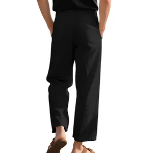 Detailed back view of men's loose casual black linen breathable straight-leg trousers