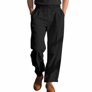 Detail view of men's black loose linen casual pants with drawstring waist.