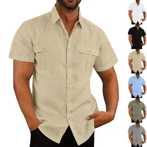 Camisa de Lino Holgada para Hombre Casual Manga Corta Solapa Con Botones Color Sólido Top Con Bolsillos Ropa de Verano