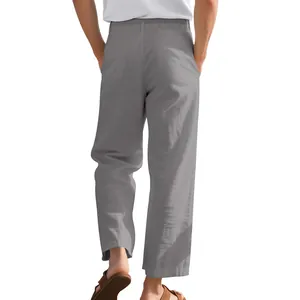 Detailed back view of men's loose breathable linen straight-leg casual pants in grey