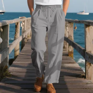 Men's loose straight-leg linen pants in grey for summer beach leisure style