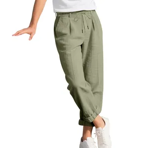 Close-up detail of breathable sage green linen casual straight-leg trousers for men