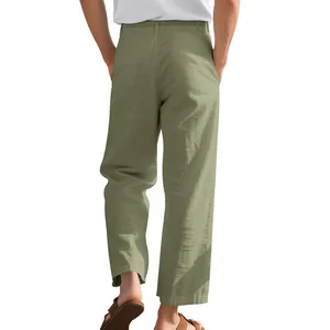 Rear view of men's loose casual linen trousers highlighting fabric texture and relaxed fit