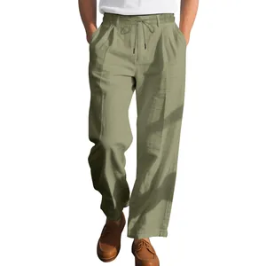 Men's loose straight linen trousers in sage green with comfortable drawstring waist