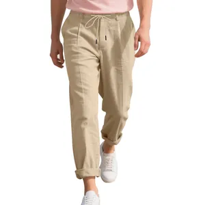 Breathable men's casual straight-leg linen trousers with adjustable drawstring waist