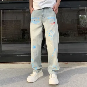 Men Loose Straight Fit Graffiti Printed Jeans Light Blue Retro Streetwear Wide Leg Denim Pants Casual Hip Hop Trousers