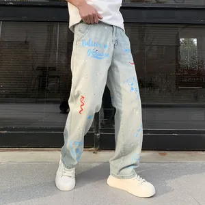 Loose fit light blue straight leg denim jeans for men with street graffiti print