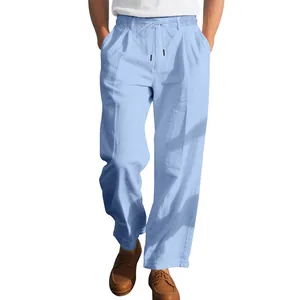 Full view of light blue men's breathable linen straight leg trousers on model