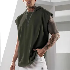 Men's minimalist solid olive green sleeveless hooded tank top for casual summer wear
