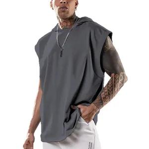 Men's solid gray sleeveless hooded tank top for casual summer fitness wear