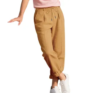 Macro detail of breathable khaki linen loose casual straight pants with drawstring waist