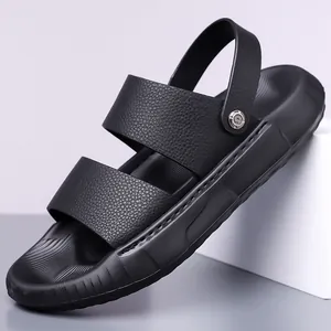 Sandales Décontractées en Cuir pour Hommes Semelle Épaisse Antidérapante Extérieur Plage Pantoufles Convertibles Texture Litchi Sandales de Conduite