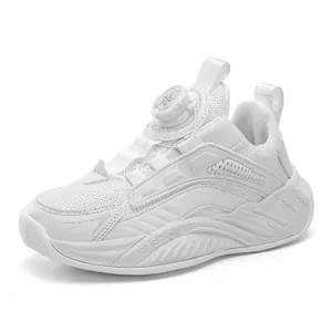 Breathable white children's mesh sports shoes with convenient rotary buckle lacing