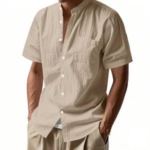 Camisa de verano informal en lino de manga corta con cuello mao y bolsillo de pecho