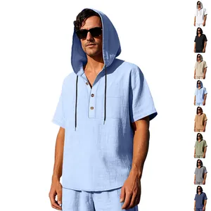 Light blue linen-blend hooded Henley short sleeve t-shirt for men, loose fit summer top