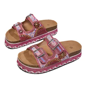 Elegant pink platform slide sandals for women with rhinestones and double buckle cork sole