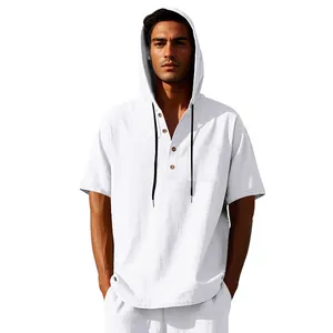 Men's casual white linen hooded Henley shirt with short sleeves and chest pocket