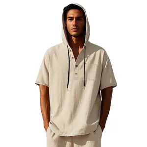 Front view of men's loose casual linen hooded Henley short sleeve T-shirt in beige