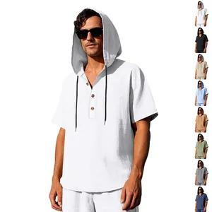 Men's Linen Blend Hooded Henley Shirt Casual Loose Short Sleeve T-Shirt With Drawstring And Chest Pocket Summer Beach Top