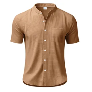 Camisa de lino marrón para hombre de manga corta con cuello mao y bolsillo casual