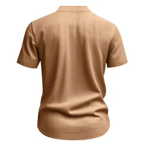 Vista trasera detallada de una camisa de lino caqui de manga corta para hombre con cuello alto