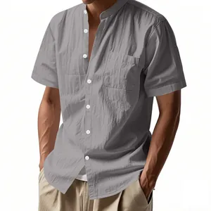 Camisa de lino gris de manga corta para hombre con cuello levantado y bolsillo