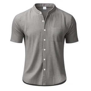 Camisa informal de manga corta para hombre en gris con mezcla de lino y cuello mao