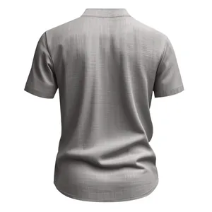 Vista trasera detallada de camisa gris de lino para hombre con cuello mao y manga corta