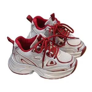 Zapatillas deportivas gruesas transpirables para niños en plata y rojo, calzado de moda