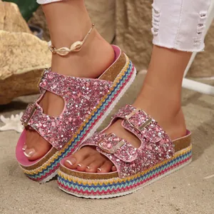 Women Ethnic Platform Slide Sandals Glitter Rhinestone Double Buckle Summer Bohemian Beach Slides Rainbow Weaving Height Shoes