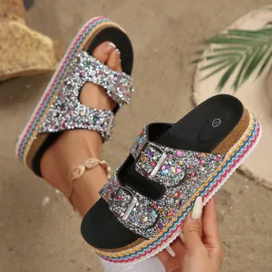 Ethnic style women's platform sandals featuring glitter straps and double silver buckles