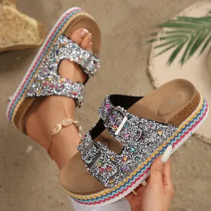 Bohemian silver glitter platform sandals with double buckles and colorful rainbow sole