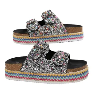 Women's ethnic platform sandals with double buckles, silver glitter and stones