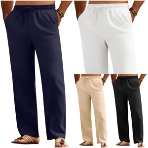 Men's summer loose drawstring casual pants shown in navy white beige and black colors