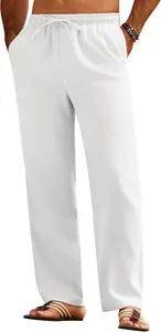 Men's summer white drawstring casual pants with loose fit and breathable texture