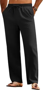 Detailed view of men's casual black linen trousers with comfortable drawstring waist