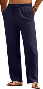 Detailed view of dark blue men's drawstring casual linen pants for summer comfort.