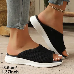 Pantoufles en maille noire pour femmes avec semelle blanche de 3,5 cm