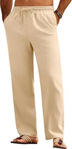 Men's summer lightweight drawstring casual linen trousers in a loose straight-leg fit.