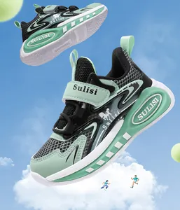 Zapatillas deportivas de malla transpirable verde menta y negro para niños con velcro