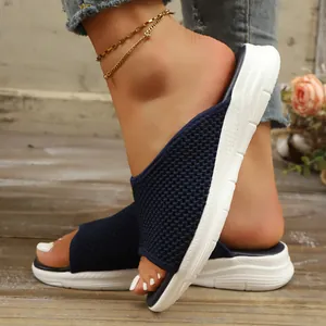 Sandales plates en maille bleu marine pour femme, mules décontractées à bout ouvert chic