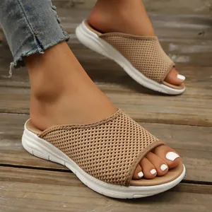 Sandales plates décontractées en maille kaki respirante pour femmes, bout ouvert