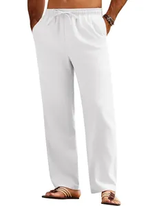 Men's relaxed fit drawstring white casual pants for summer beach and daily wear