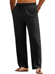 Men's casual loose drawstring trousers in solid black with straight leg fit for summer.