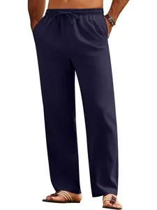 Men's casual navy blue drawstring loose fit straight leg trousers for summer.